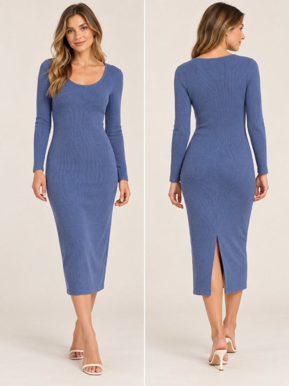 Marine Layer Lexi Rib Long Sleeve Midi Dress M Blue Tencel